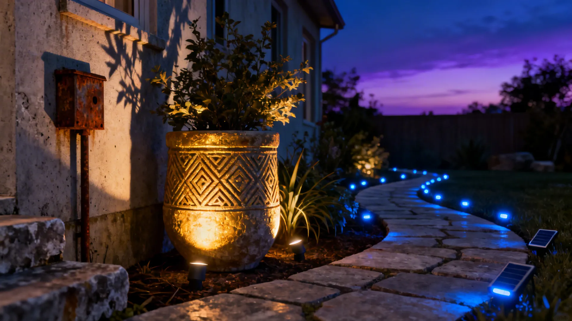 Uplit sculptural planter and solar path lights creating drama in a small front yard at night
