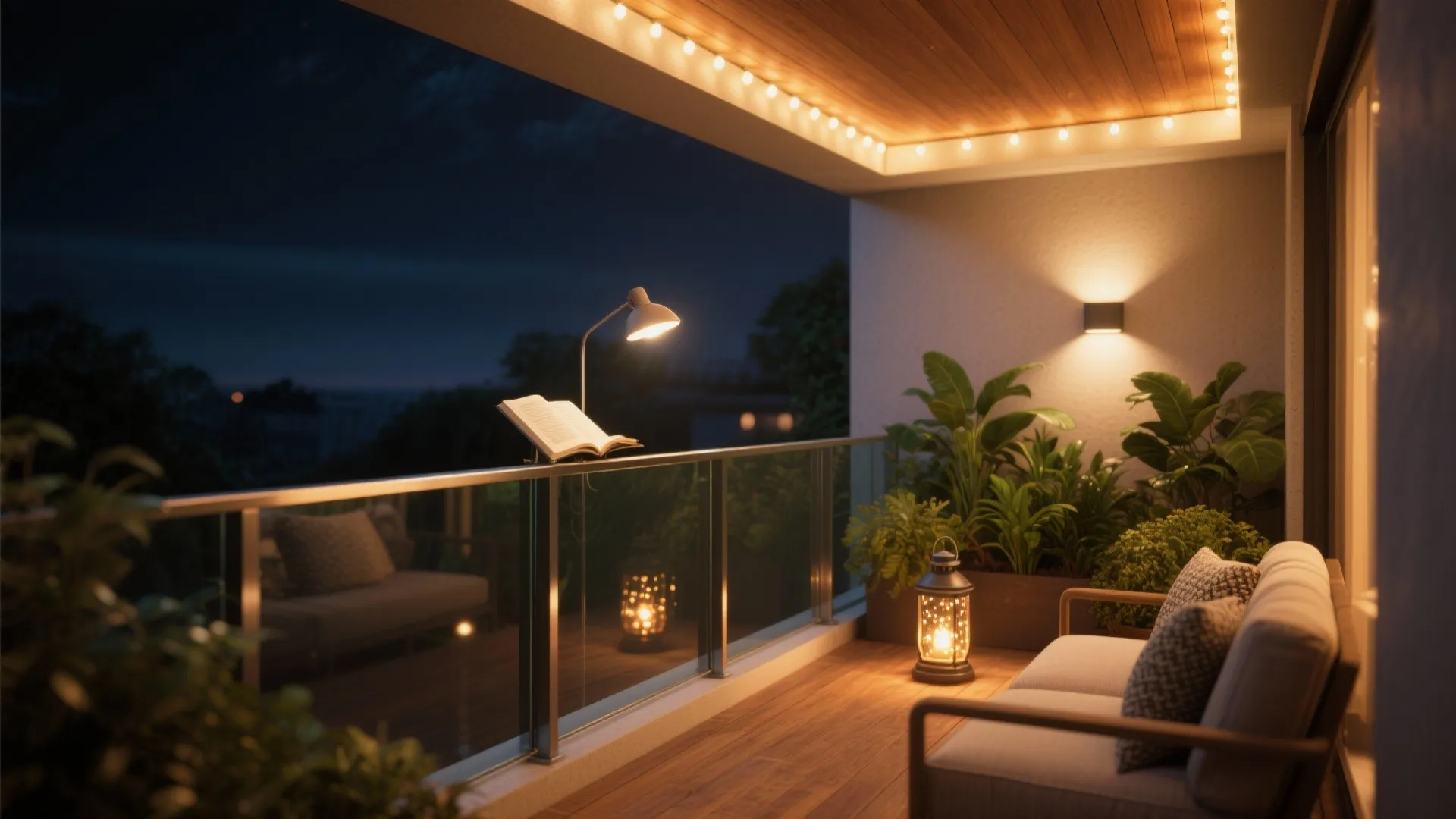 Modern balcony at night with sofa and fairy lights and wall light and floor lanterns