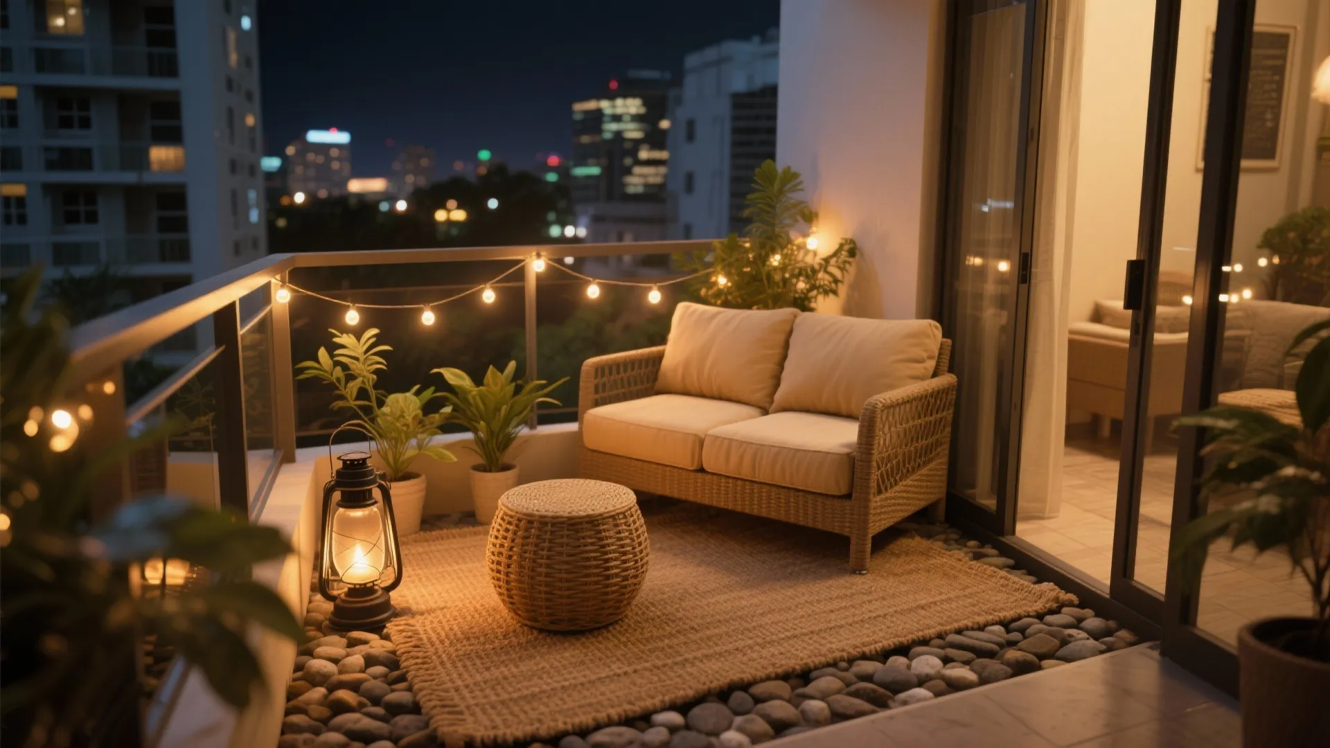 Cozy night balcony design with string lights a small sofa rug and a warm lantern