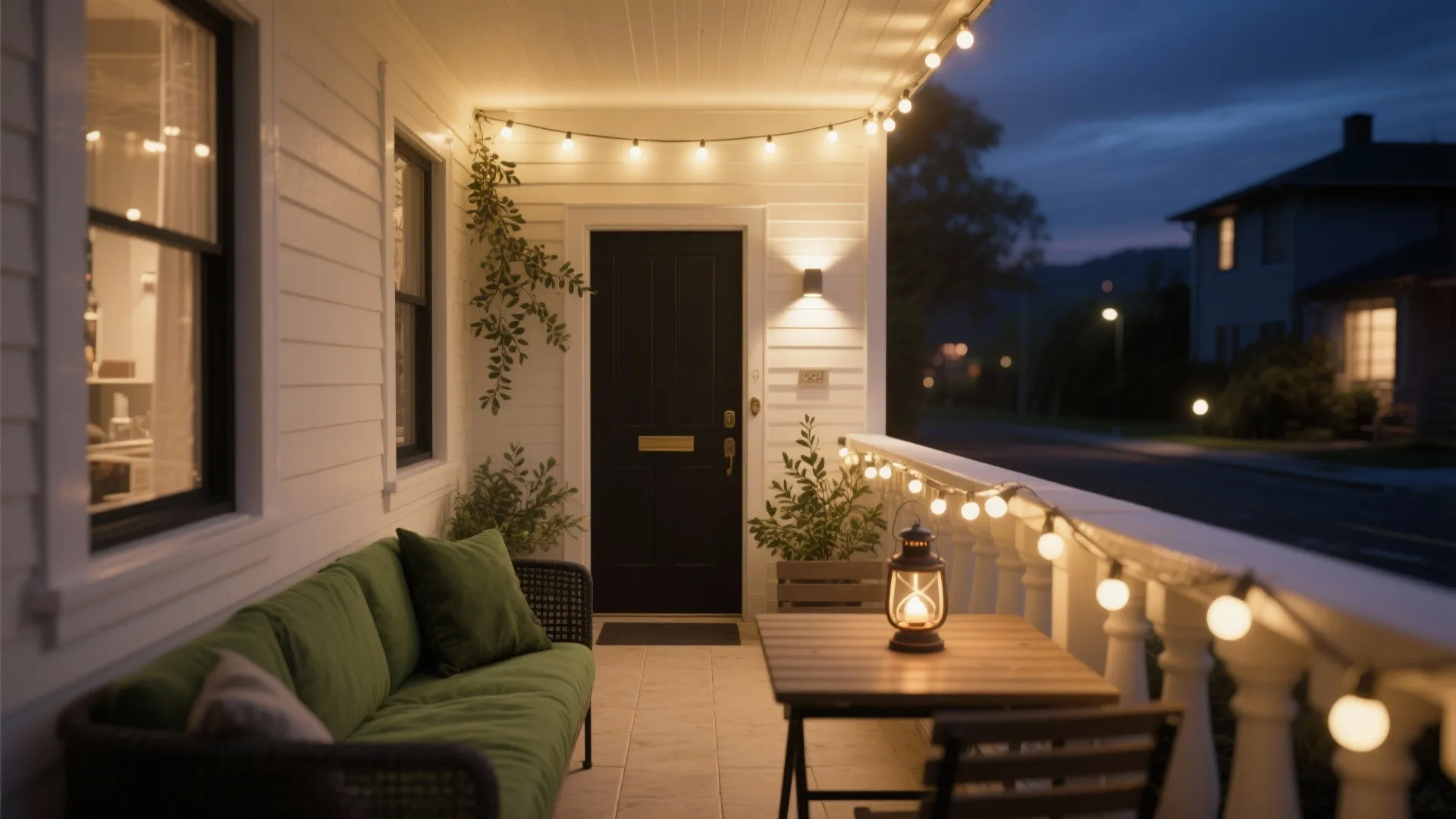 Cozy front porch at night with string lights green sofa wooden table and black door