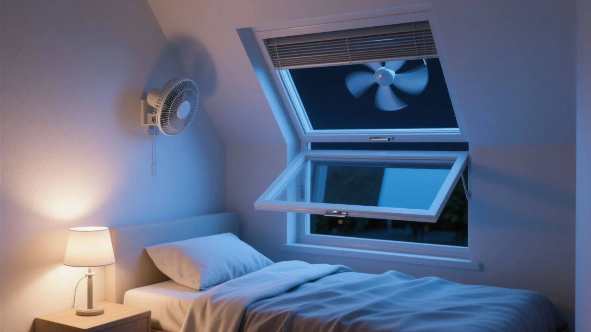 Bedroom interior at night with a bed bedside table light and an open roof window