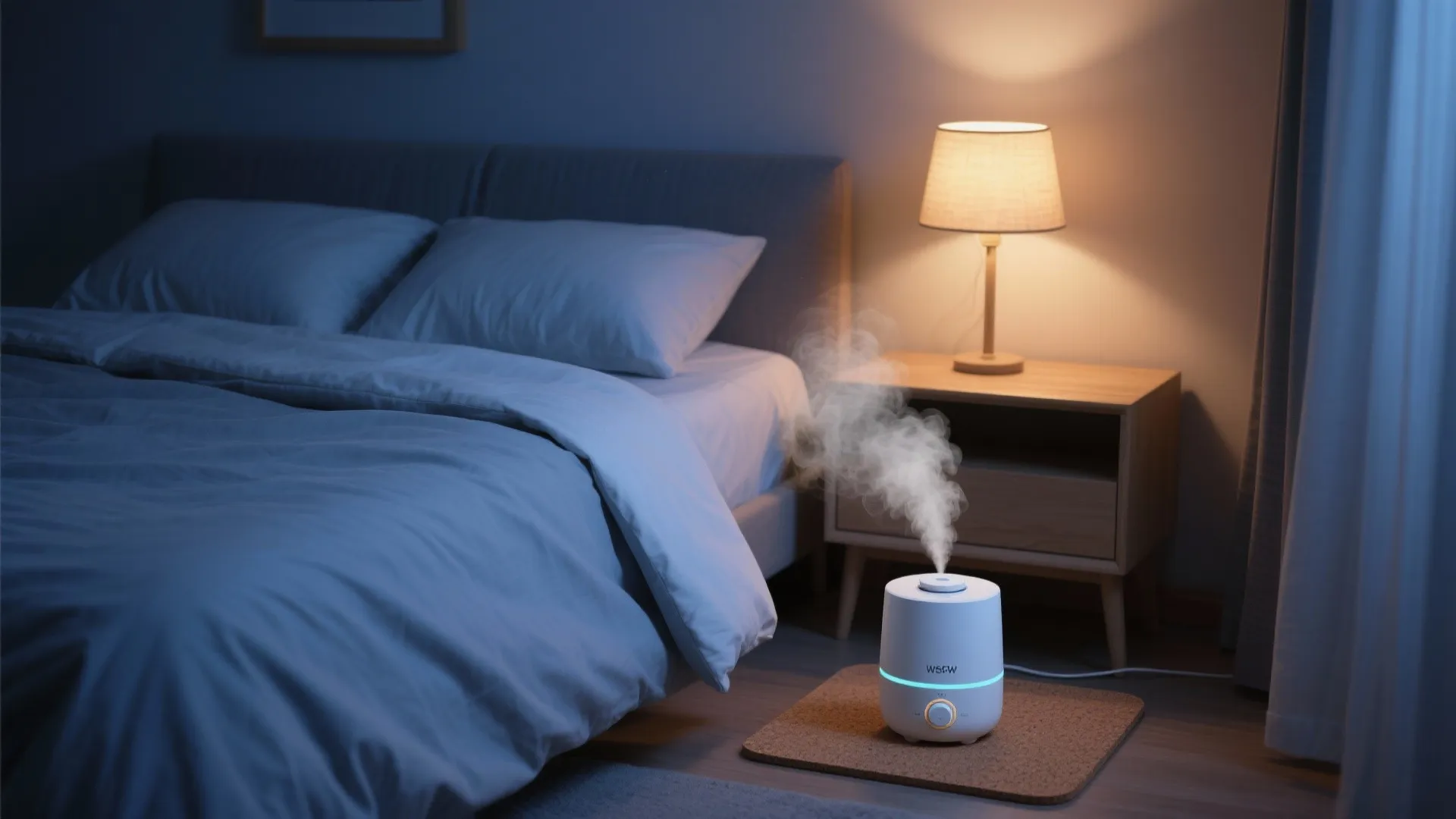 Nighttime bedroom with a quiet humidifier on a cork mat and lights dimmed.