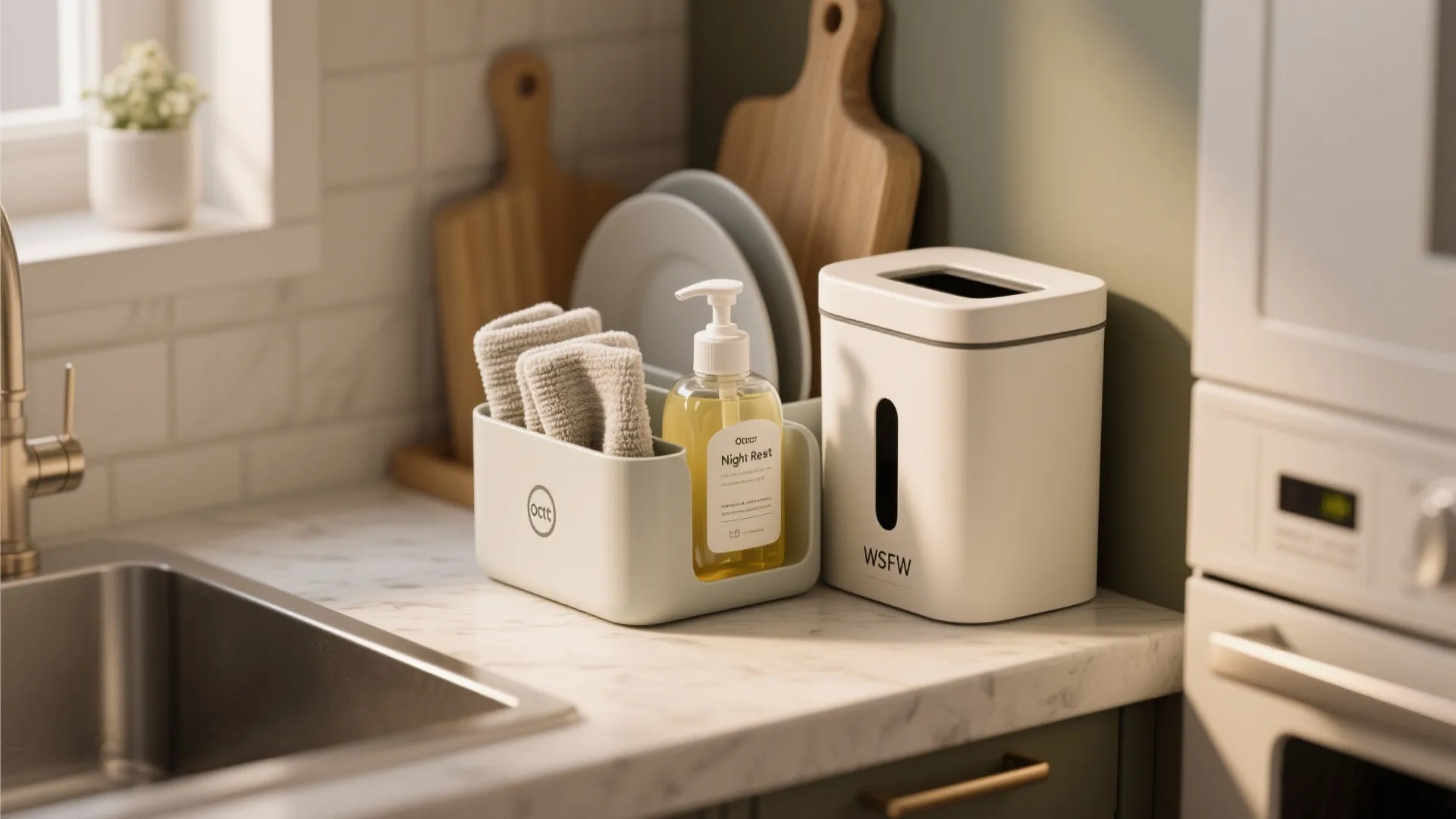 Kitchen counter organizer holding cleaning cloths and soap next to a white storage bin box
