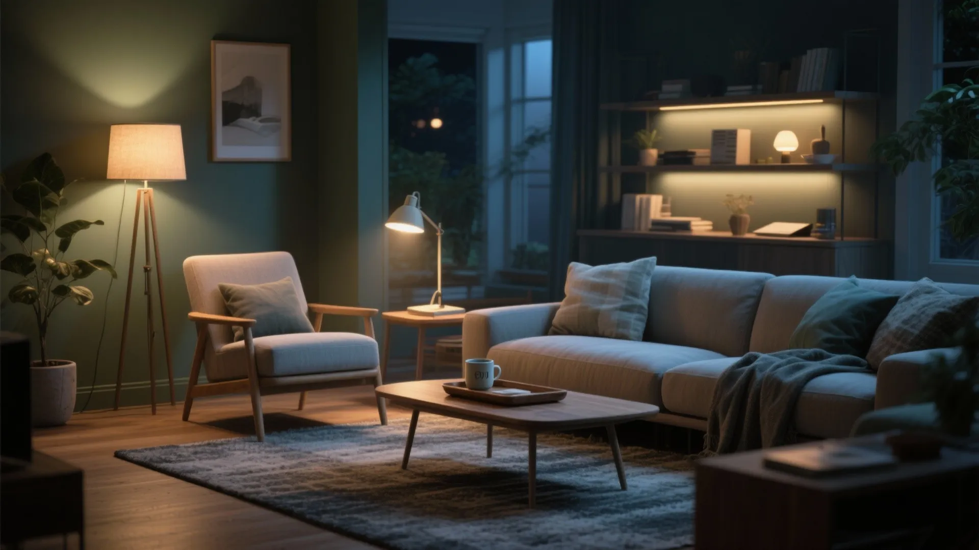 Modern cozy living room at night featuring a grey sofa arm chair and warm floor lamp
