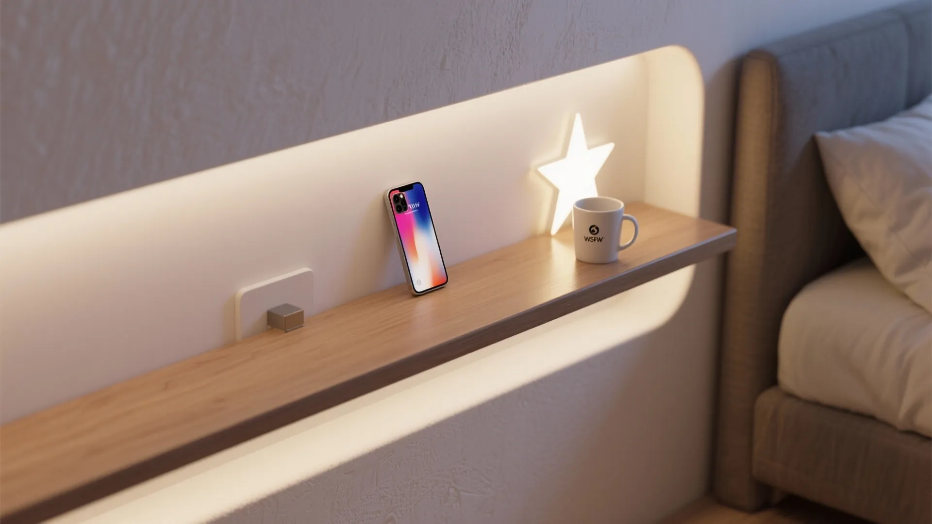 Wooden bedside shelf with built in light showing a phone mug and small star light