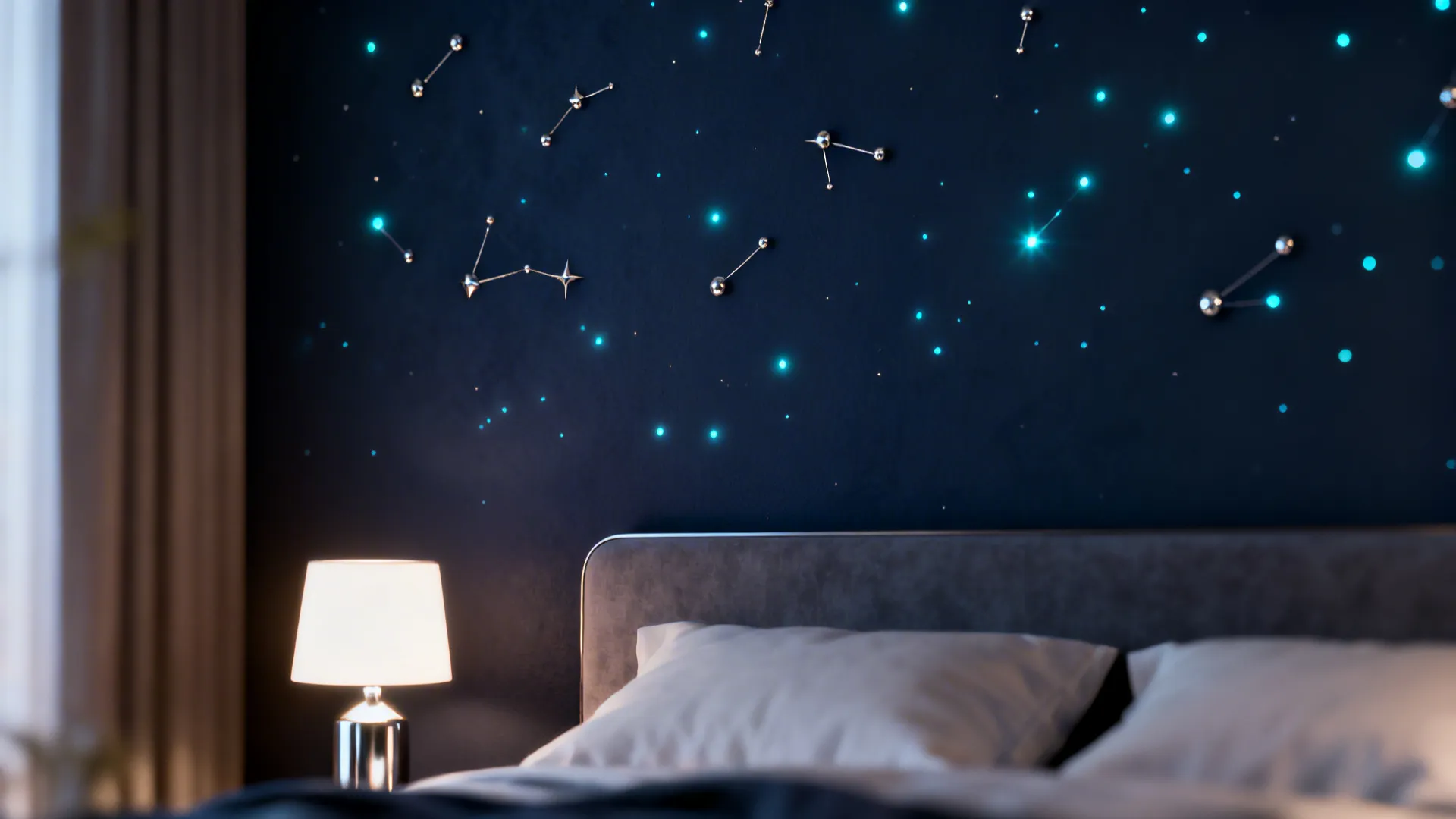 Close-up of a night-sky constellation mural with tiny metallic and glow-in-the-dark dots above a small bed.