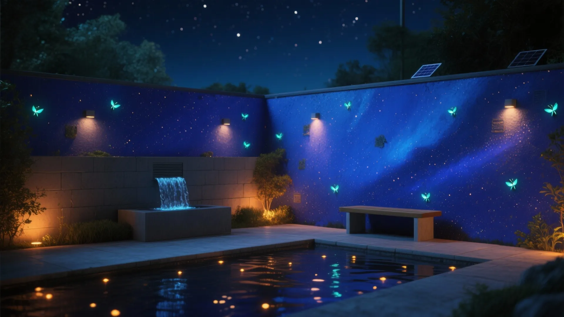 Nighttime garden wall painted as a deep indigo sky with glowing firefly accents and a bench by a water feature.