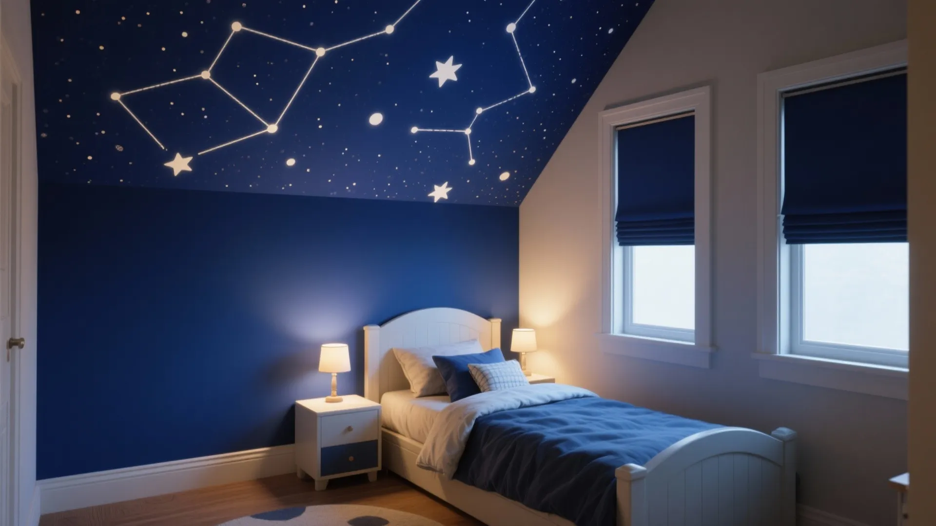 Kids bedroom with star constellation ceiling mural white bed blue walls and warm table lamps
