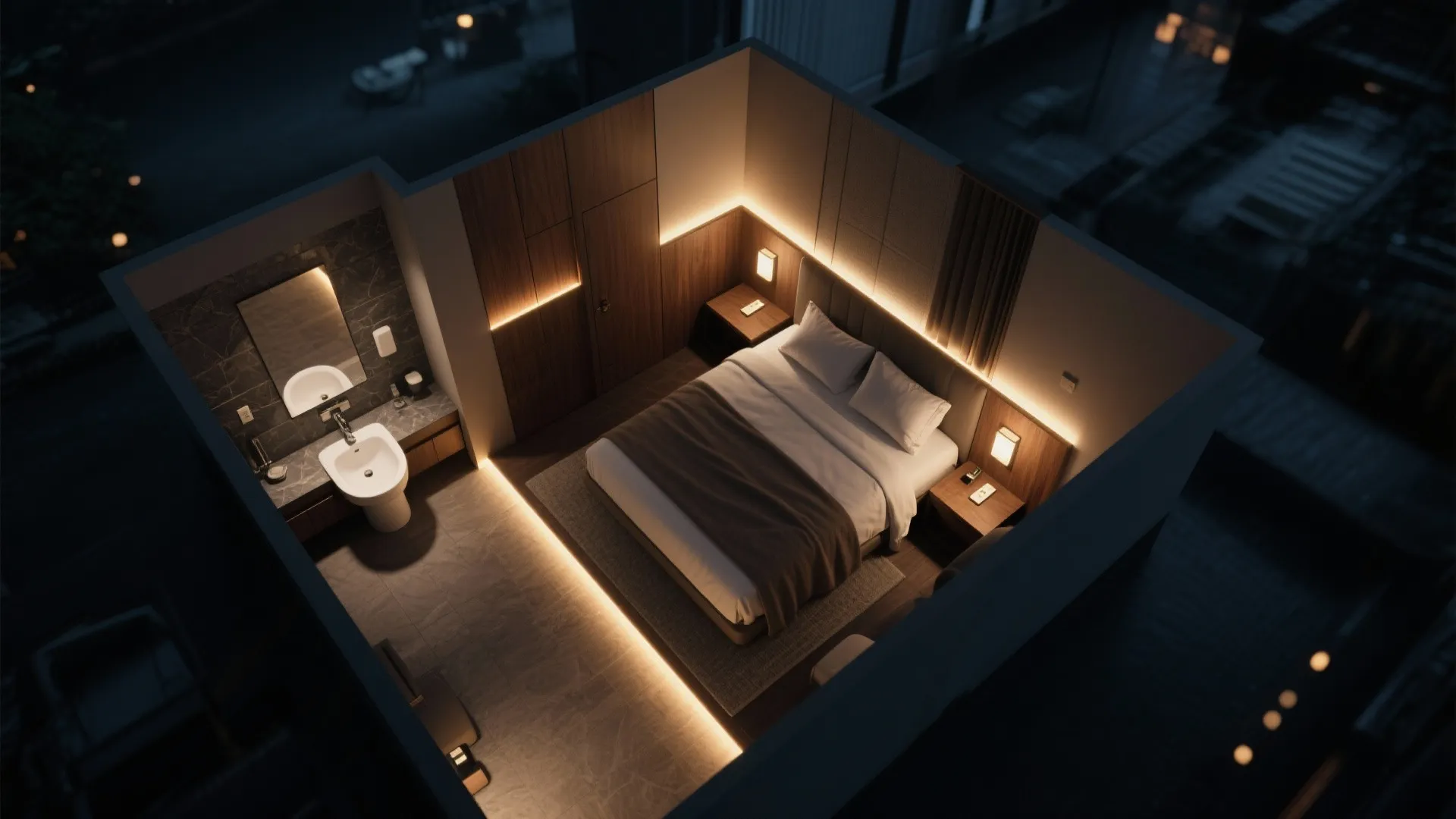 Top view interior design drawing of a hotel room with bed bathroom and warm lighting
