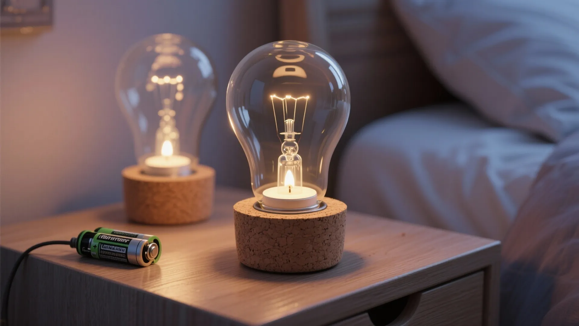 Two glass light bulbs on cork bases sitting on a wooden bedside table with small batteries