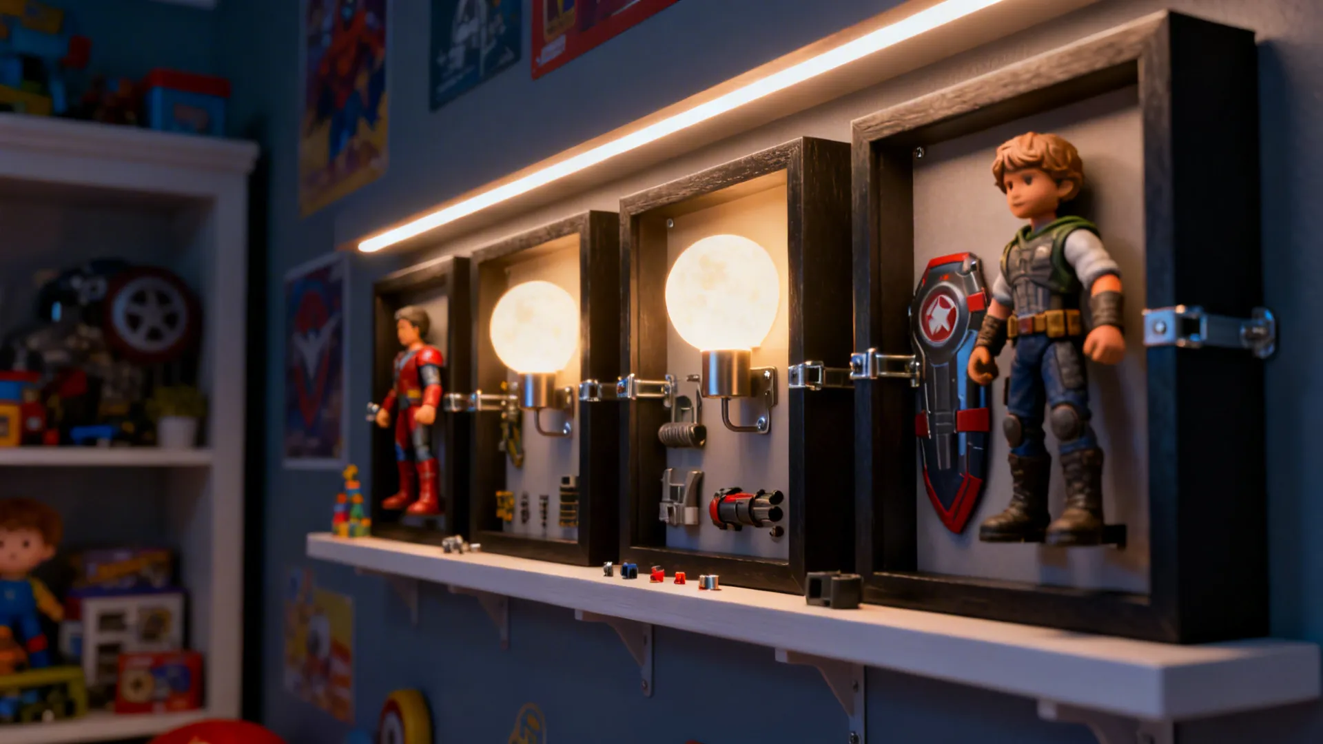 Display wall with soft-lit nightlights and secured action-figure gear in a TMNT-themed room.