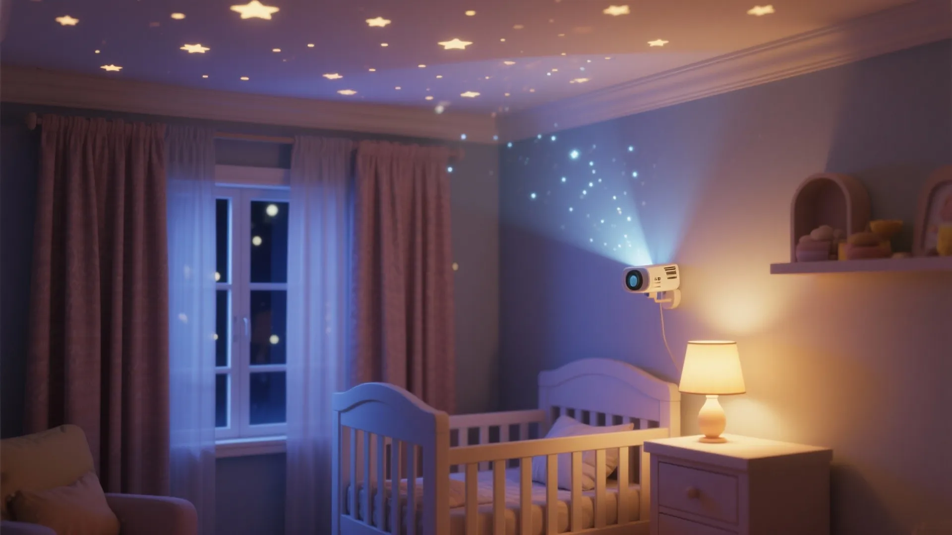 Warm night light and gentle star projector creating a calming sleep cue in a small nursery.