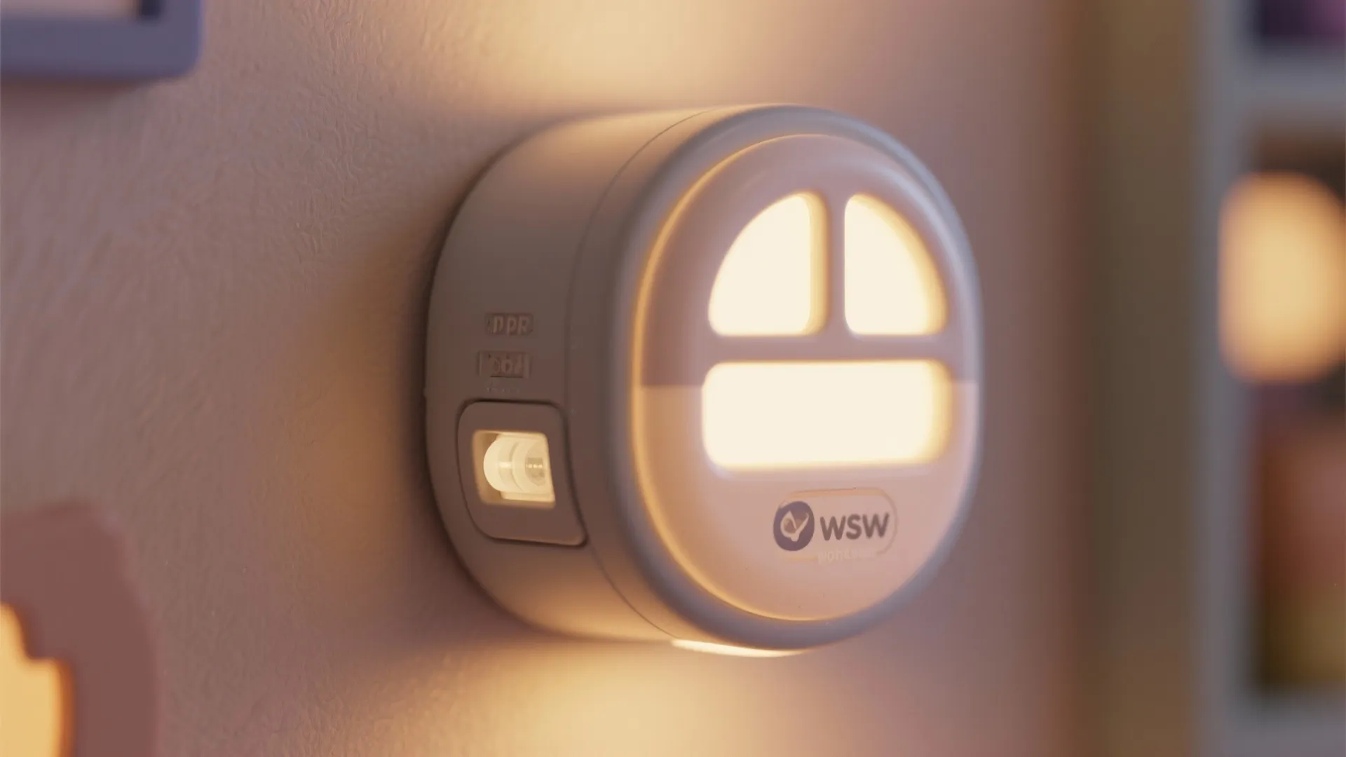 Macro of a motion-sensor kids nightlight sconce with frosted diffuser and PIR window.
