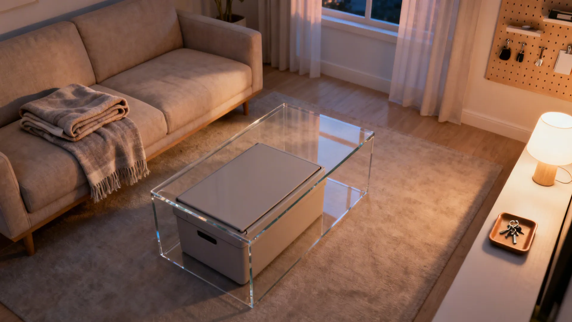 Overhead view of a tidy small room with folded throw, clear surfaces, and a storage bin.