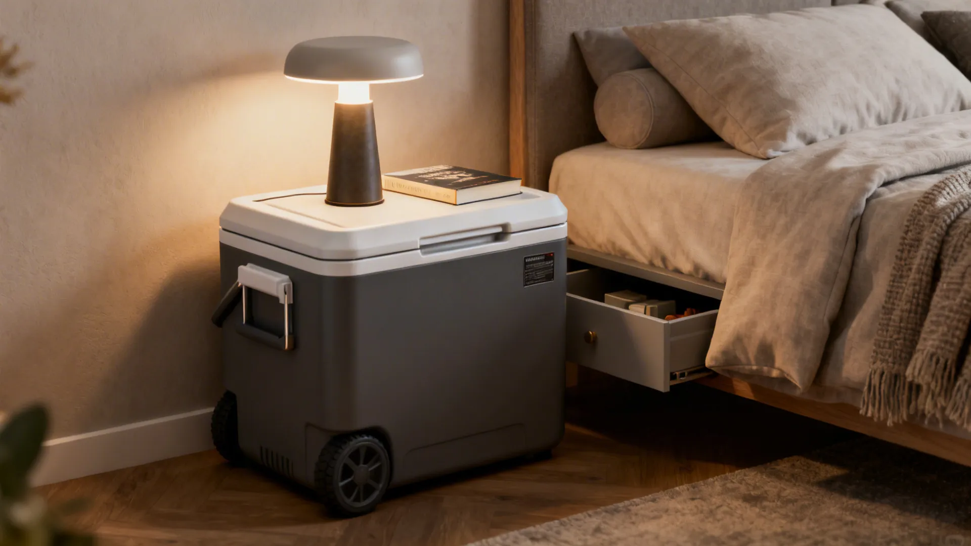 Portable cooler integrated as a nightstand with a lamp and book on top in a small bedroom