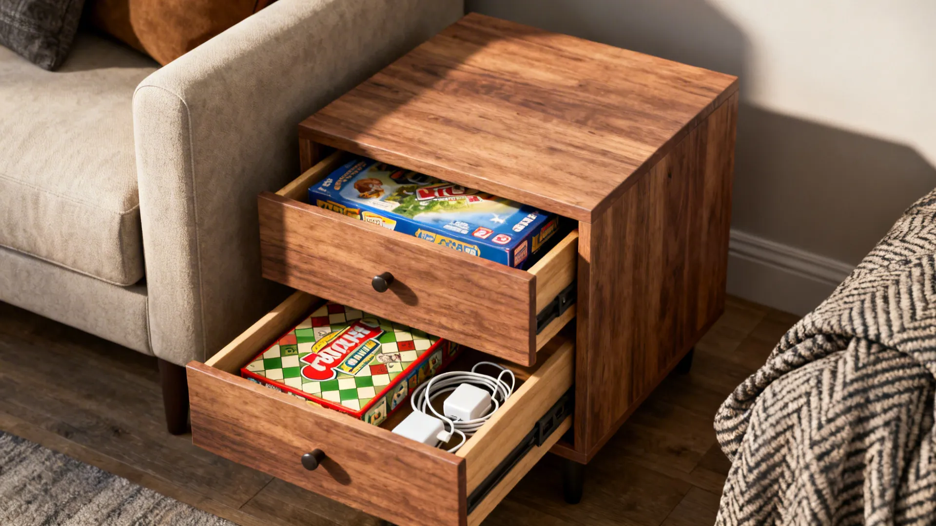 Nightstand-style cube side table with deep drawers storing games and chargers next to a sofa