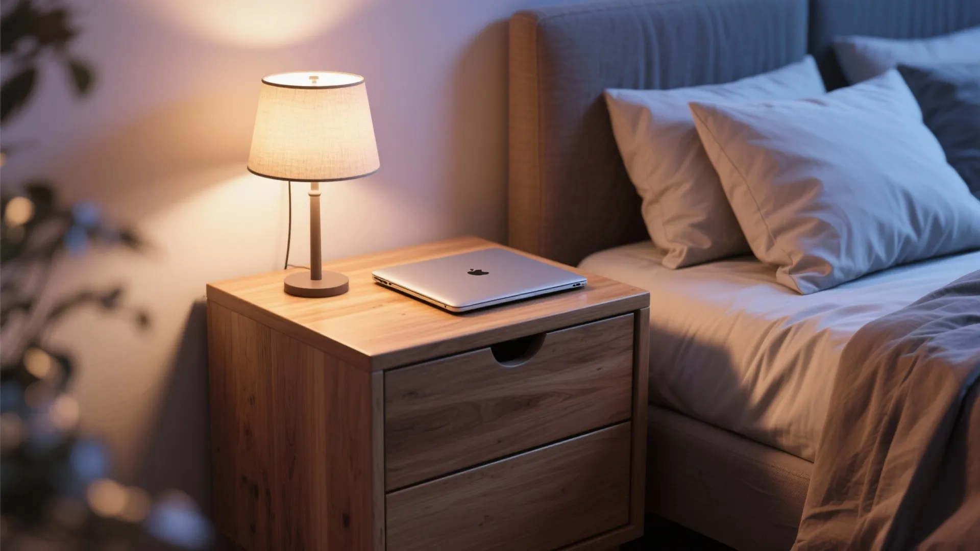 Laptop computer resting on wooden cabinet beside bed with pillows and small table light fixture