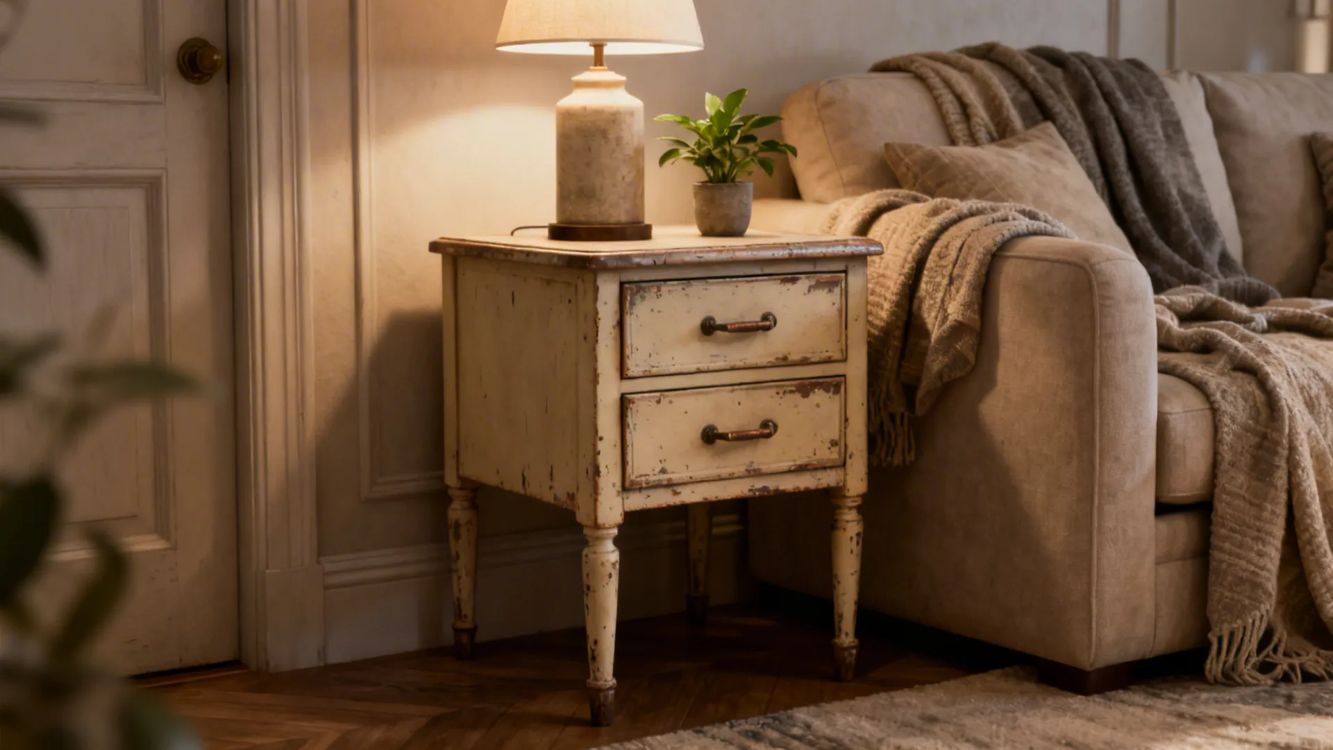 Cozy living room with a nightstand-style end table with two drawers, lamp, and plant