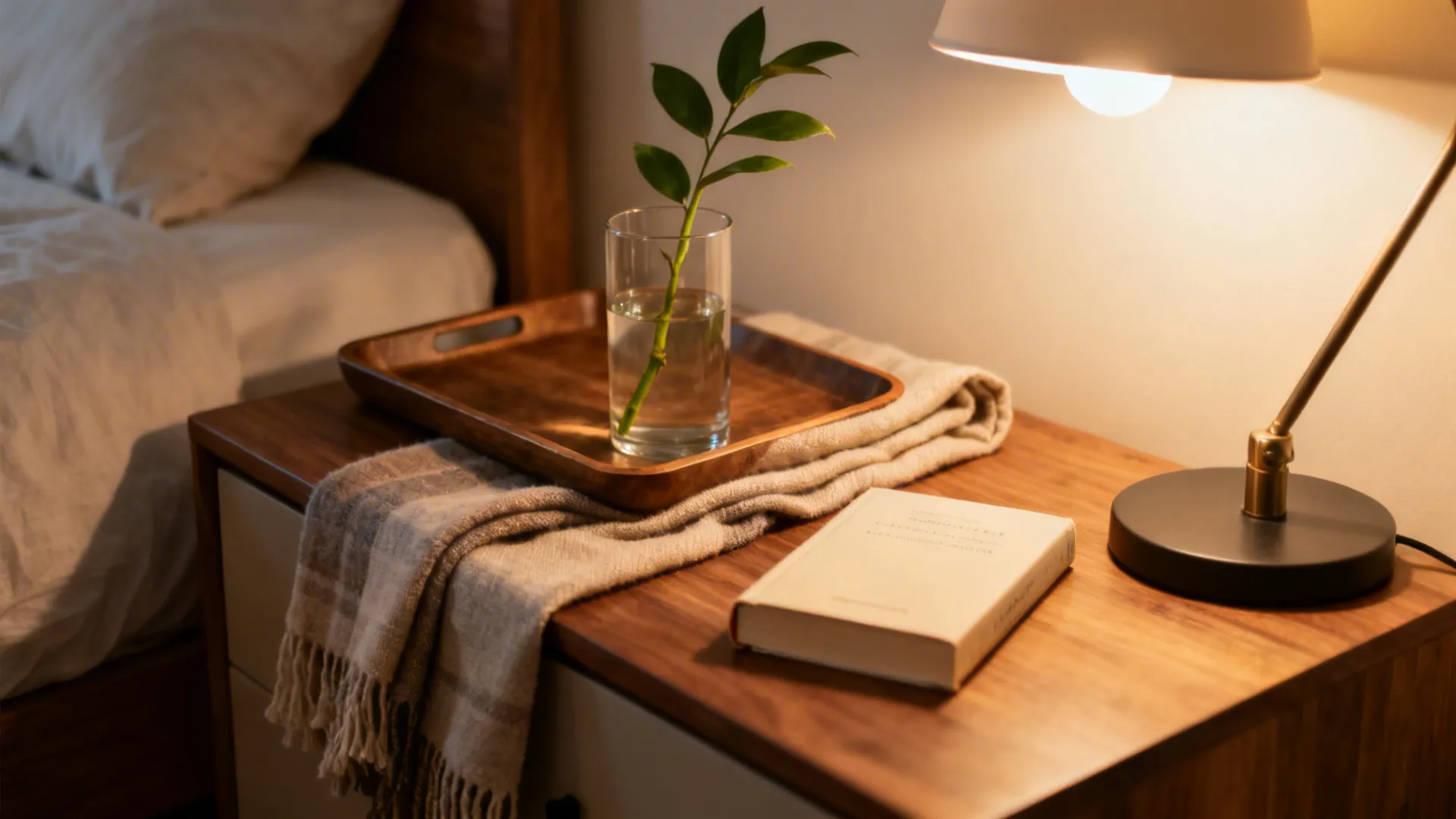 Wooden nightstand featuring table lamp book and green plant in water on a wooden tray