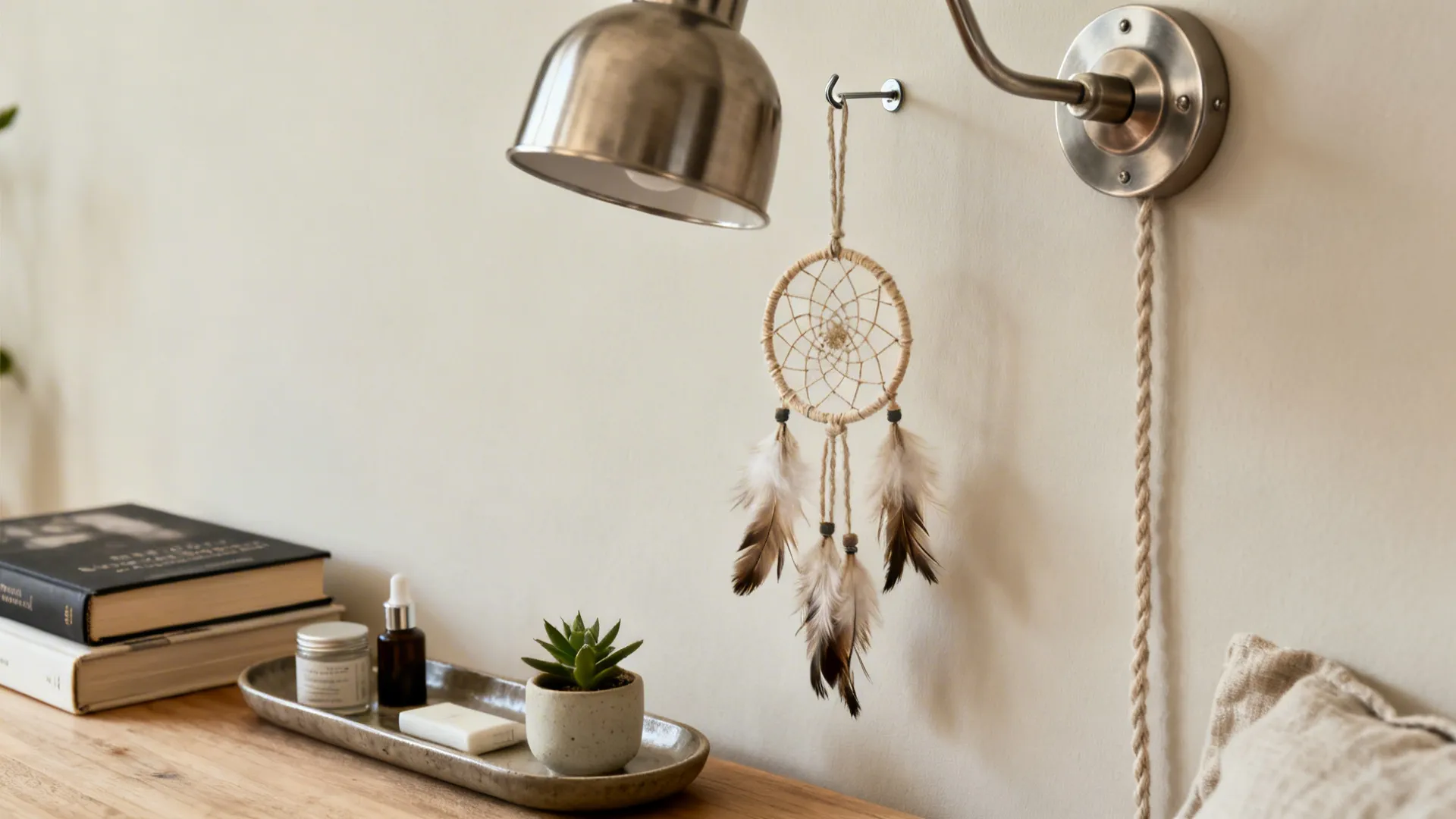 Bedside vignette with a small dream catcher, sconce, tray, books, and a tiny plant in a compact room.