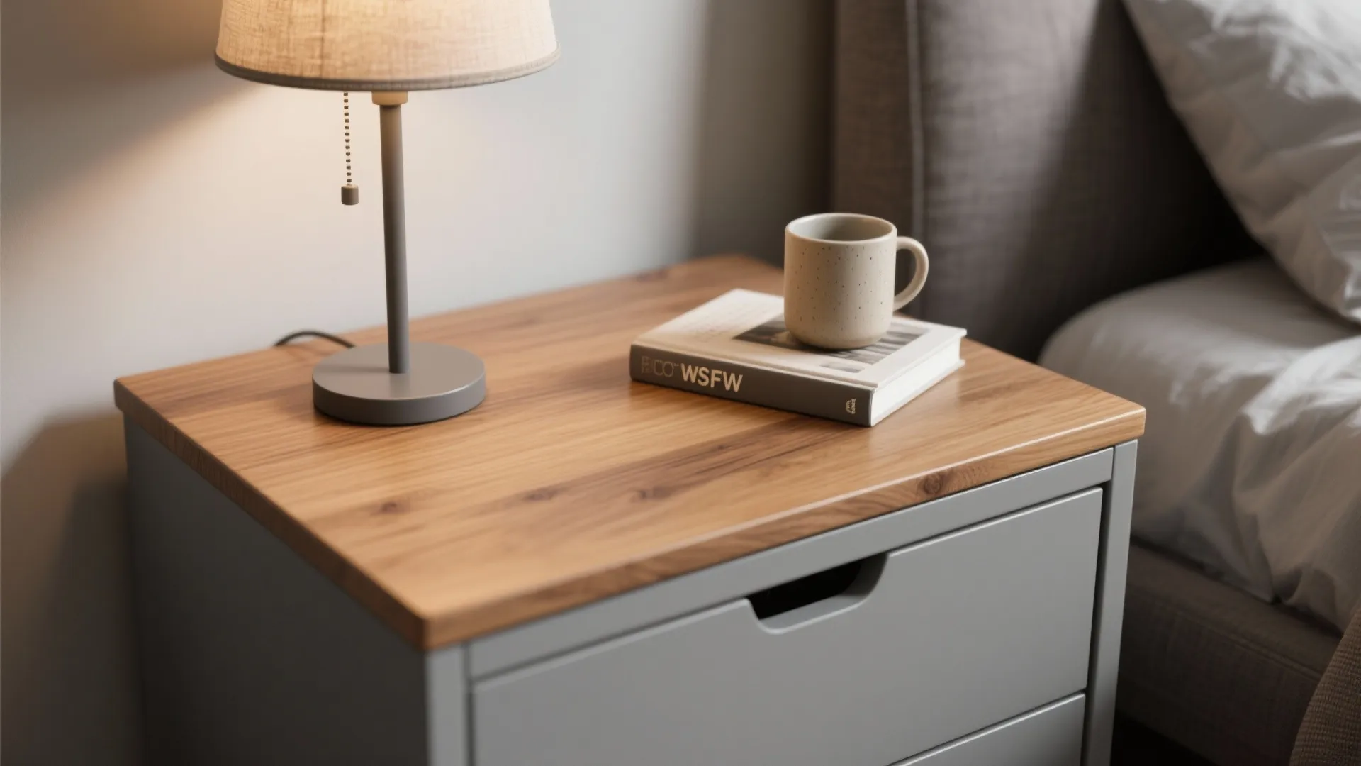 3. Grey nightstands with warm wood tops