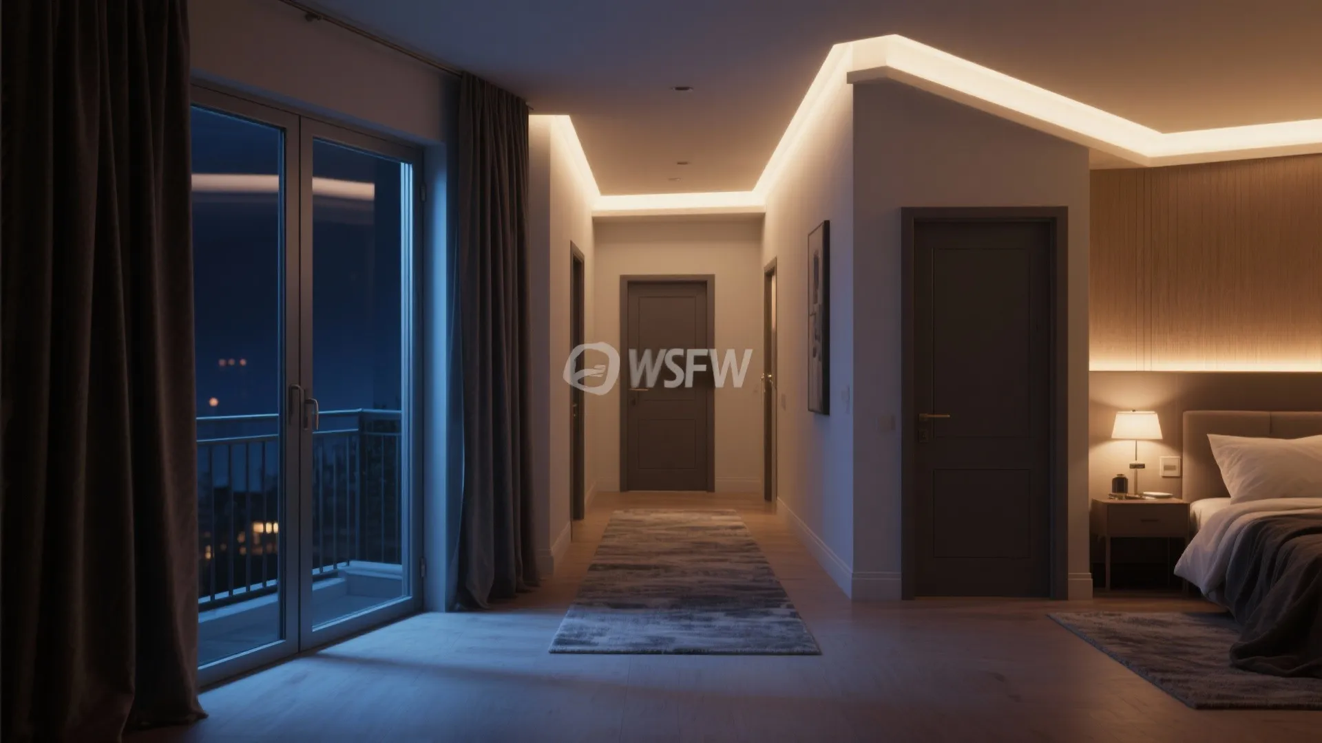 Upstairs hallway with layered warm lighting, rugs, curtains, and insulated balcony doors.