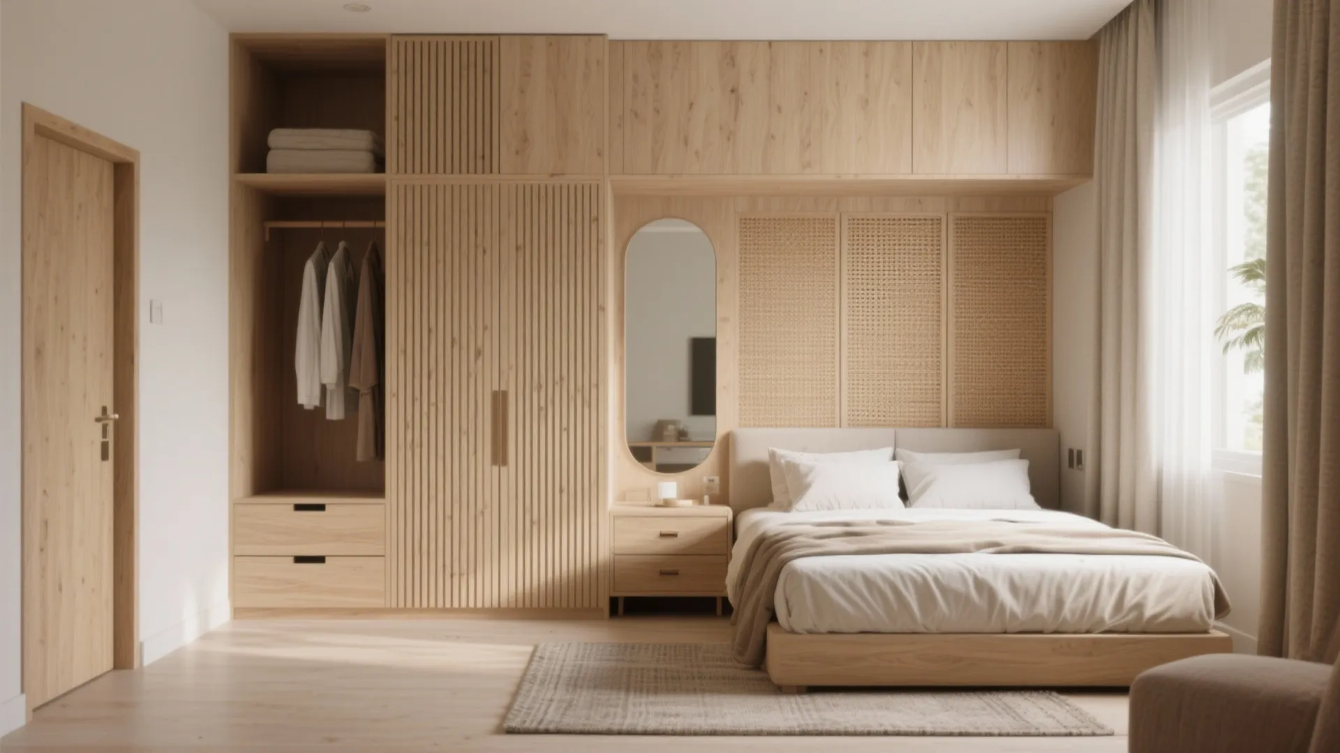 Built-in storage + warm wood palette in bedrooms