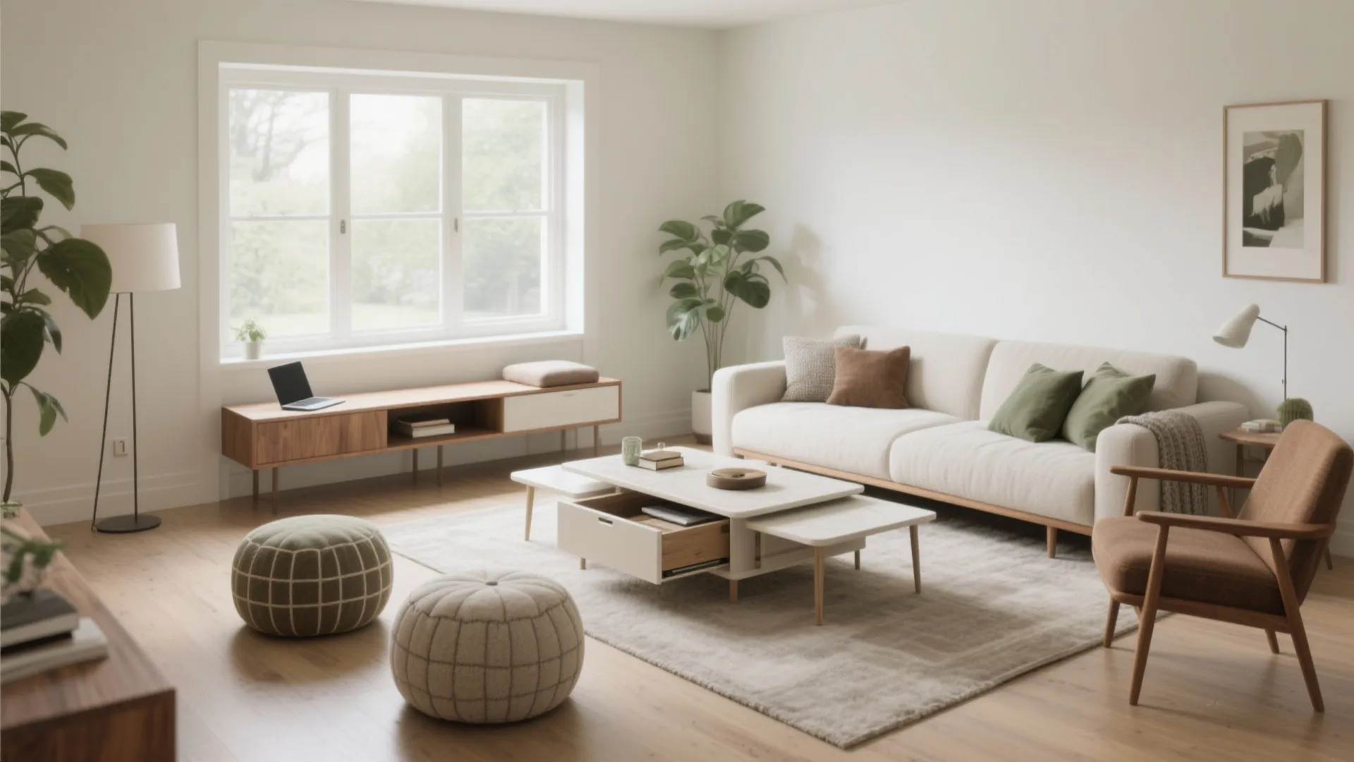 Modern bright living room with white sofa wooden furniture coffee table green plants and natural light
