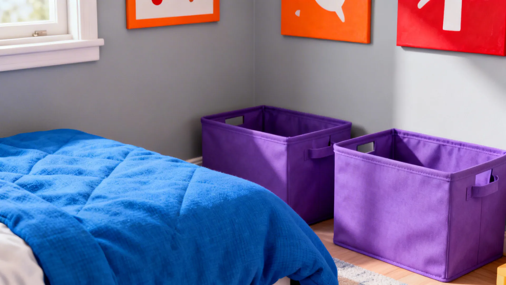 Corner view showing four TMNT-inspired color zones with coordinated bedding and storage accents.