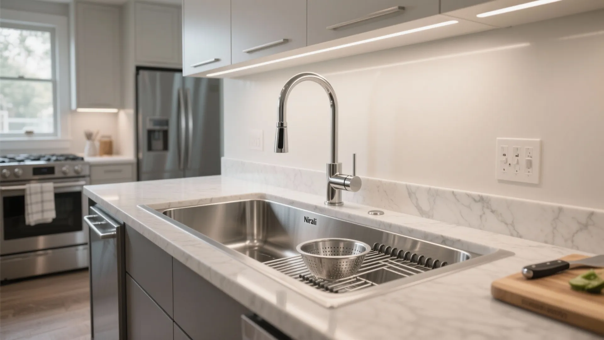 Modern kitchen with stainless steel sink chrome faucet marble countertop and white cabinets with lights