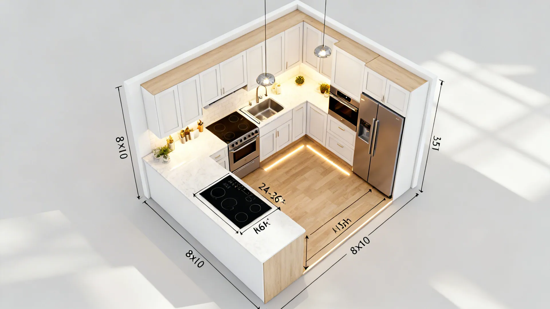 Top-down of an L-shaped kitchen showing clearances, prep zones, and landing areas with panel-ready appliances.