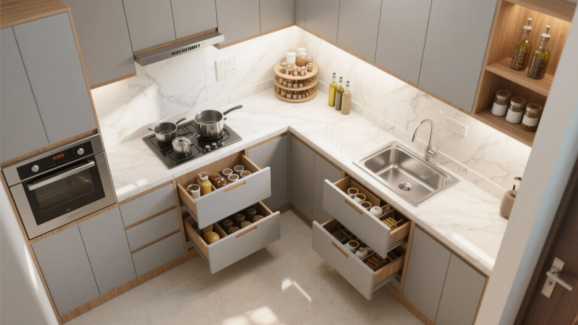 Minimalist Kitchen Storage and an L-shaped Layout
