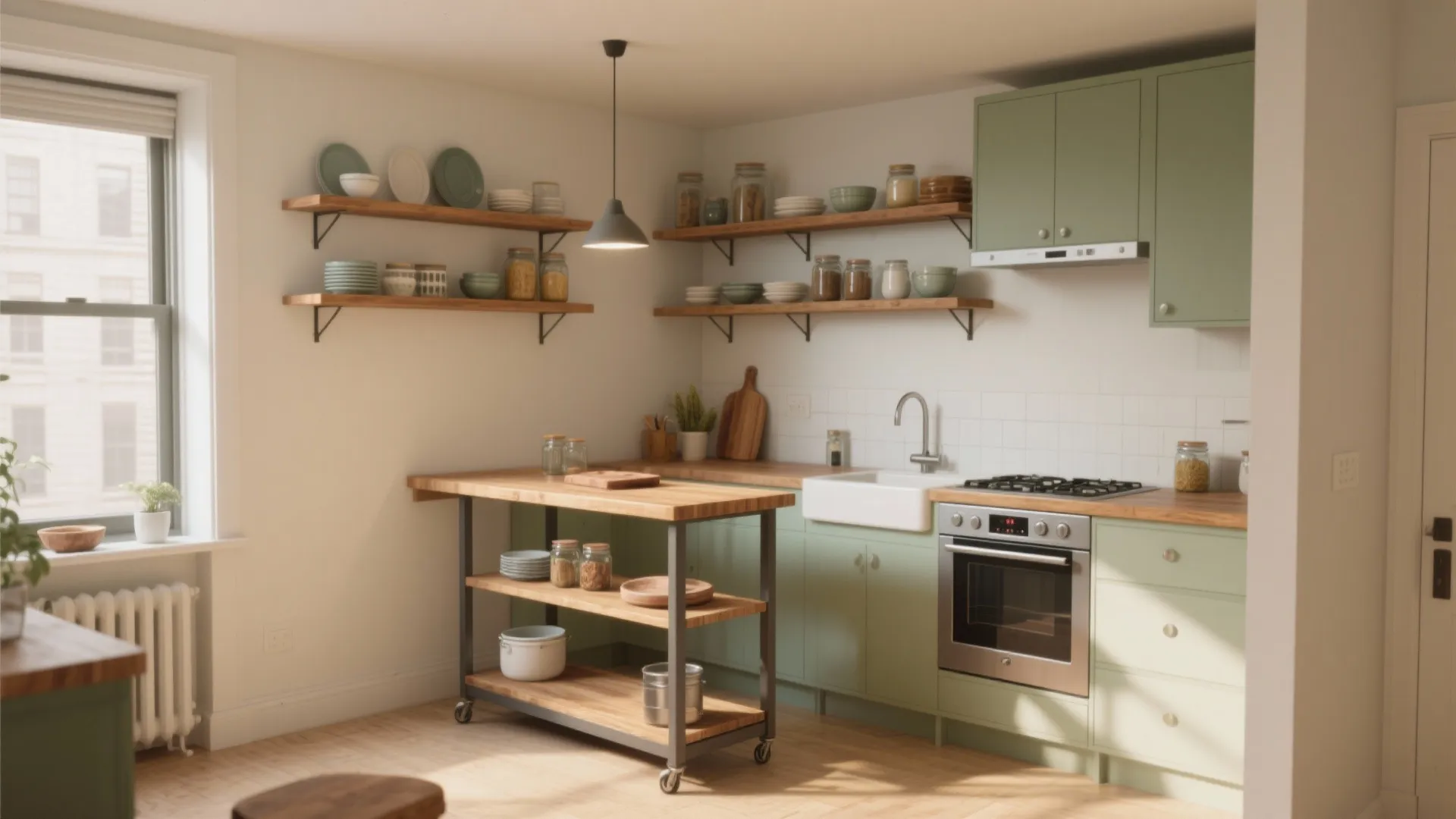 Modern green kitchen with open wooden shelves stainless steel oven and mobile kitchen island cart