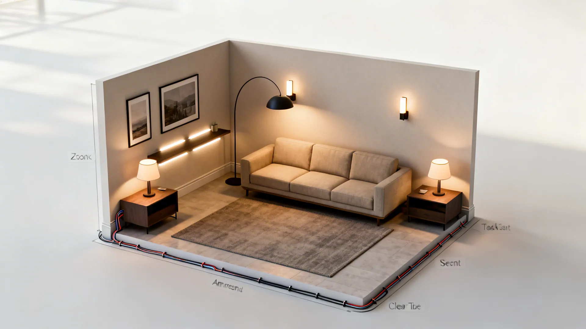 Top-down layout showing arc lamp, plug-in sconces, table lamps, LED strips, and picture lights.