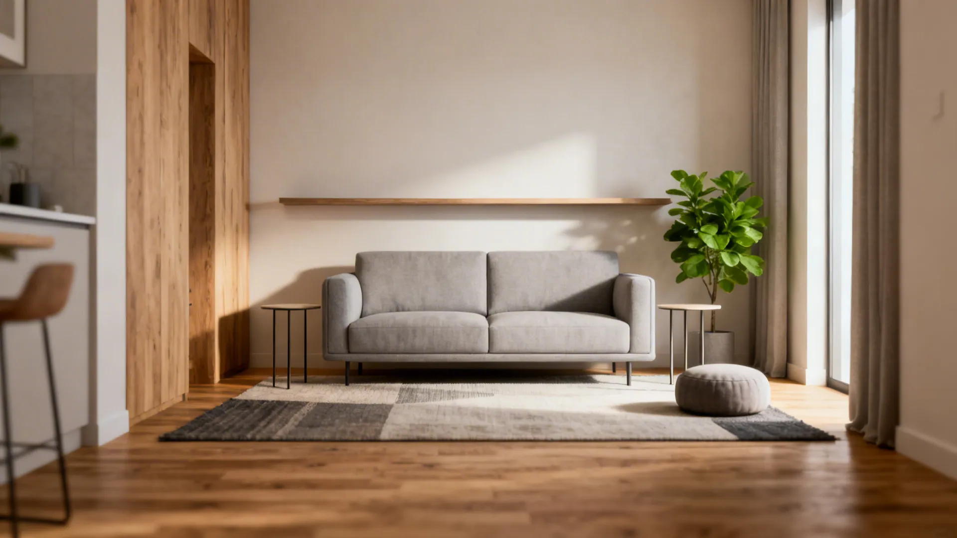 Modern living room with grey sofa green plant two small side tables and grey footrest
