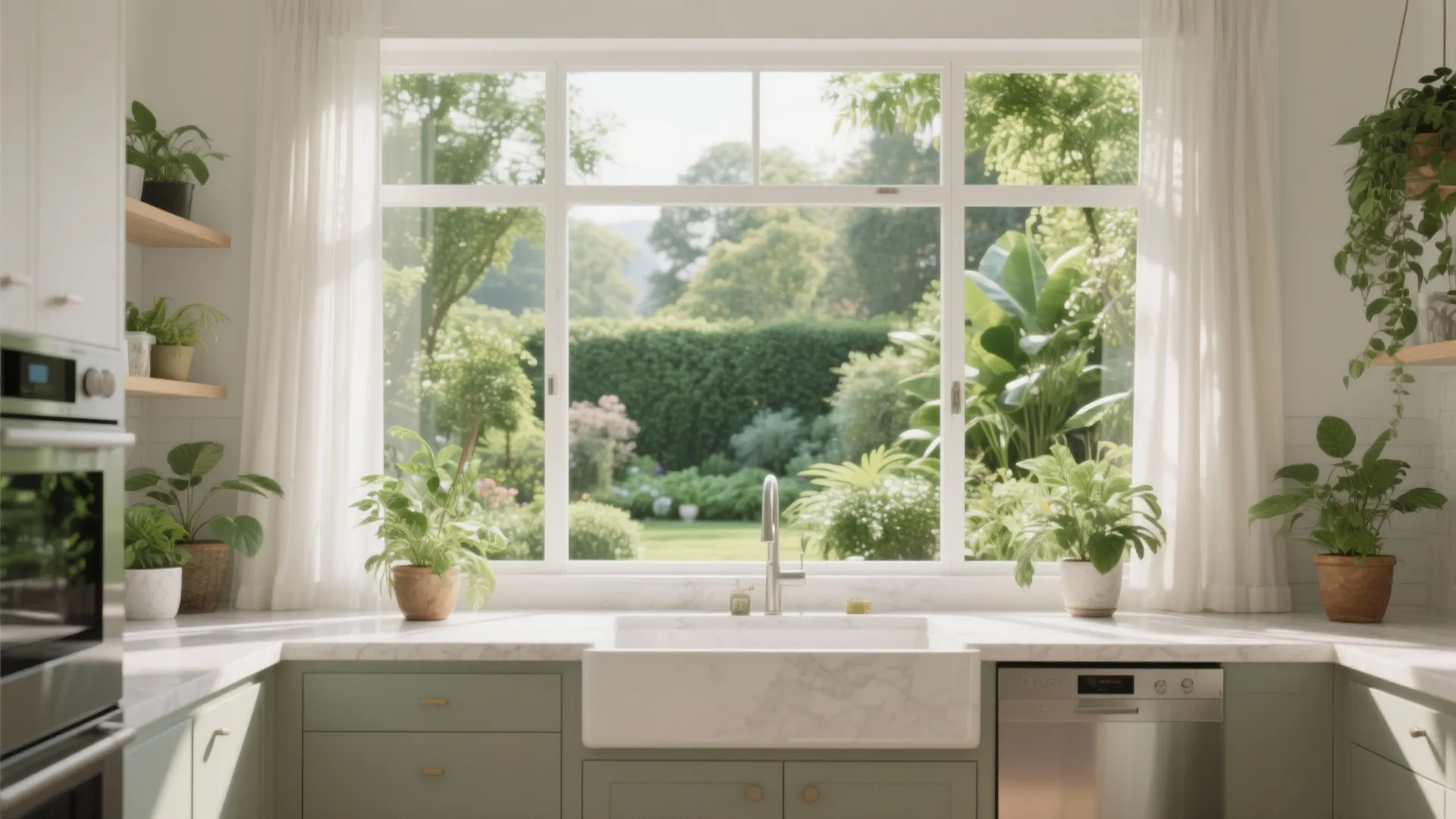 Modern kitchen with large window white sink green cabinets and view of lush garden outside area