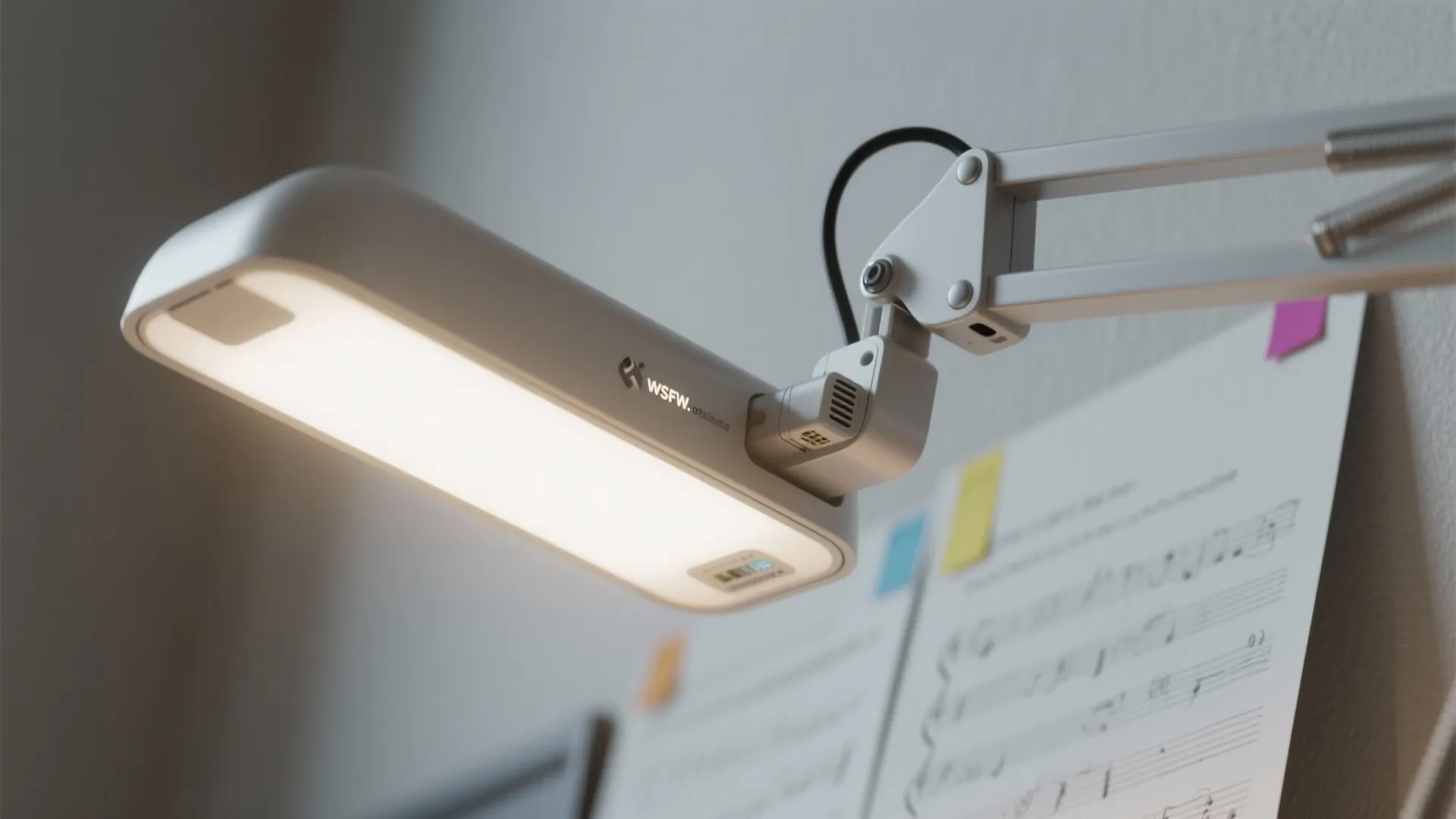 White adjustable desk light fixture shining bright light on music sheets against a plain background