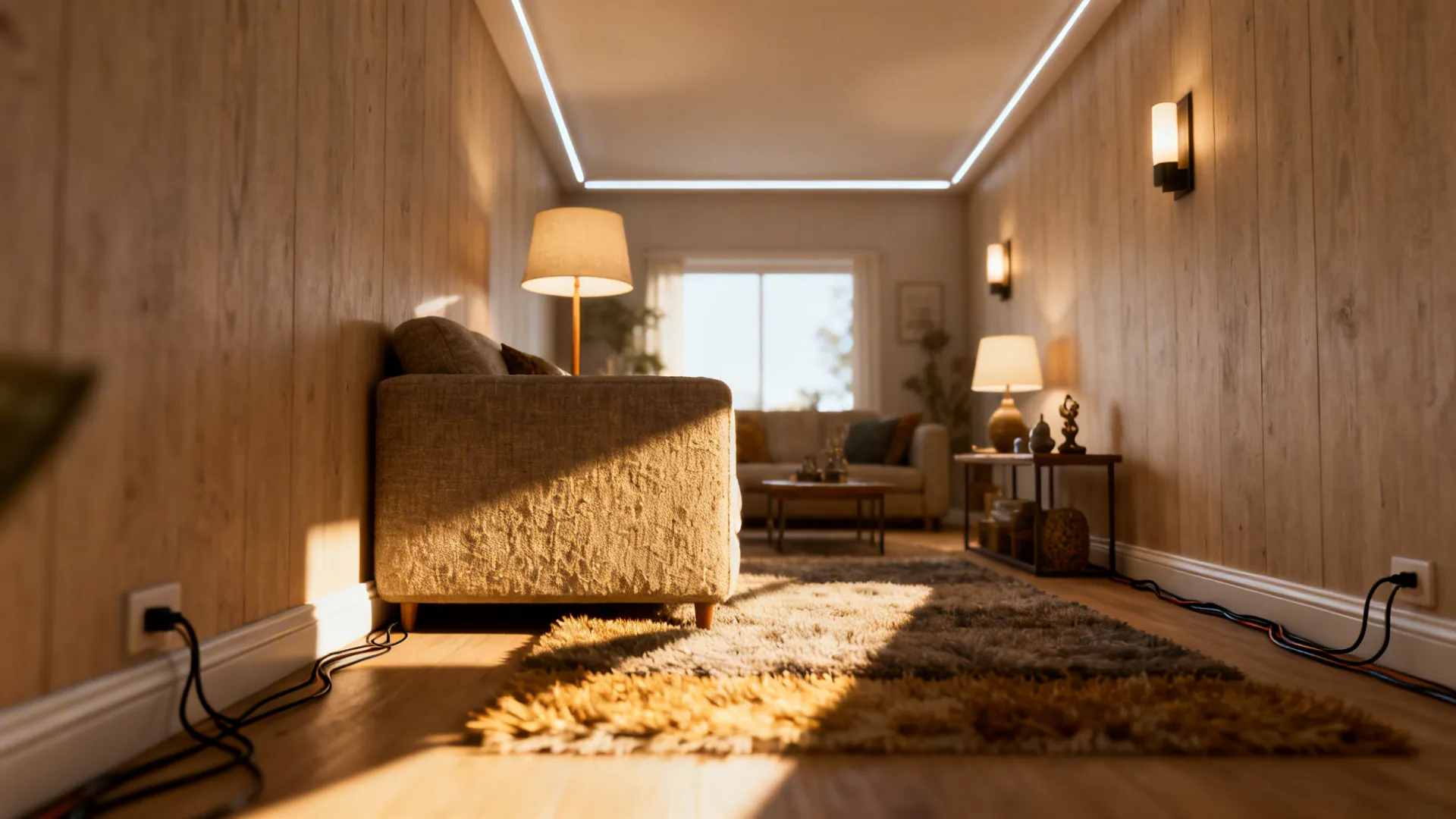 Warm living room with wood walls floor lamp ceiling light grey sofa and soft natural sunlight