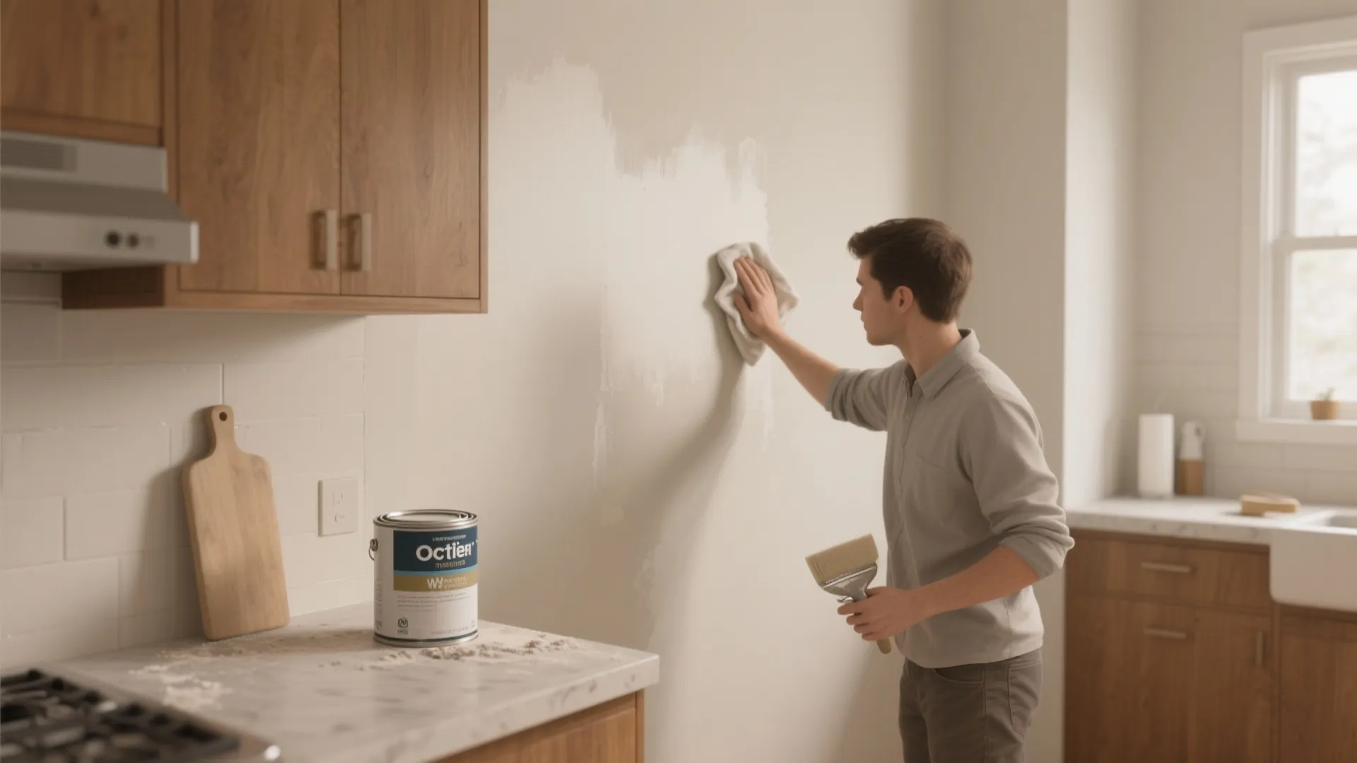 Small kitchen with a matte eggshell wall being wiped and primed, showing a low-dust prep option without sanding.