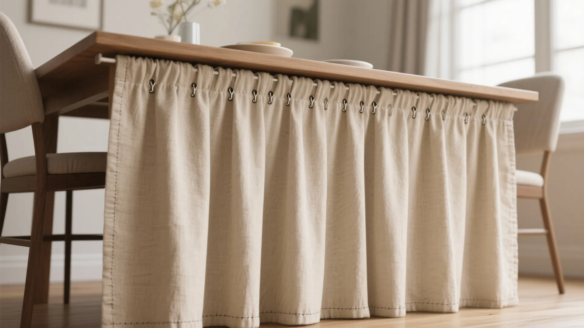 Wooden dining table with beige fabric skirt attached using small metal clips in bright room