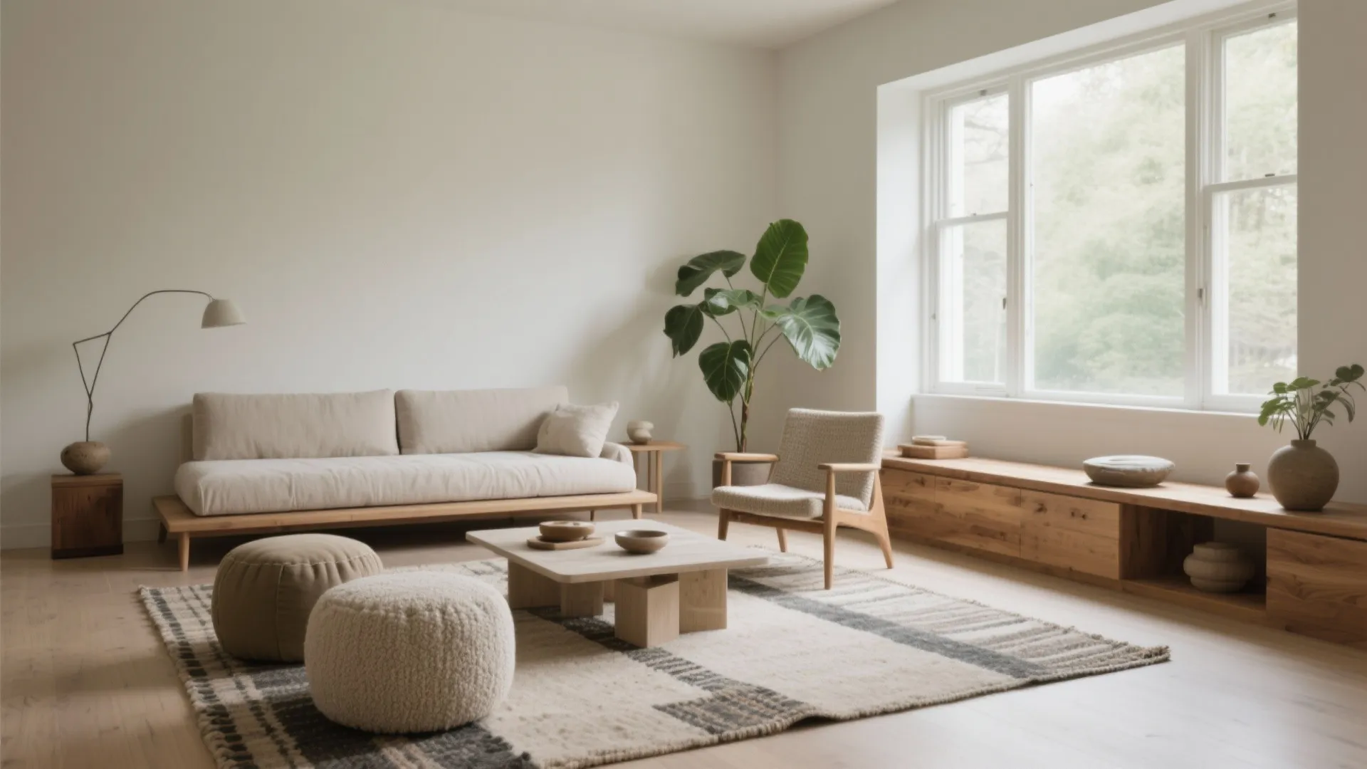 Minimalist living room with beige sofa wood coffee table large plant patterned rug and light