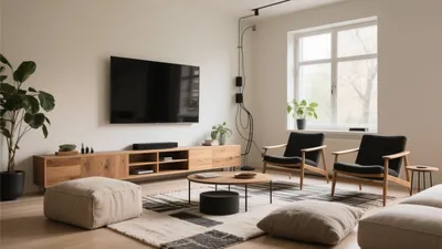 Scandinavian Living Room with Natural Wood and Black Accent