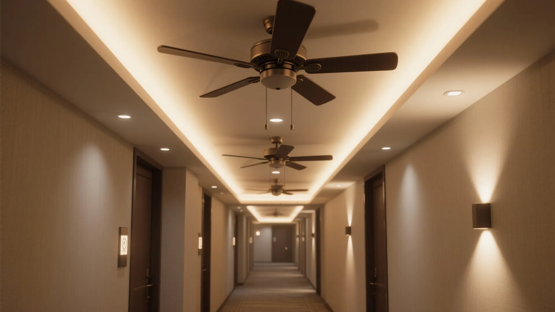 Long hallway with ceiling fans and soft warm wall light fixtures in a modern hotel