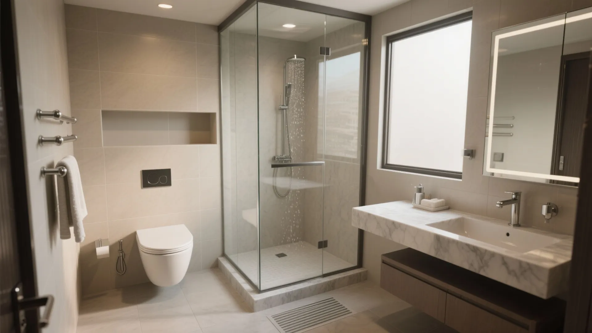 Modern bathroom with glass shower stall white toilet marble sink large lighted mirror and tiles