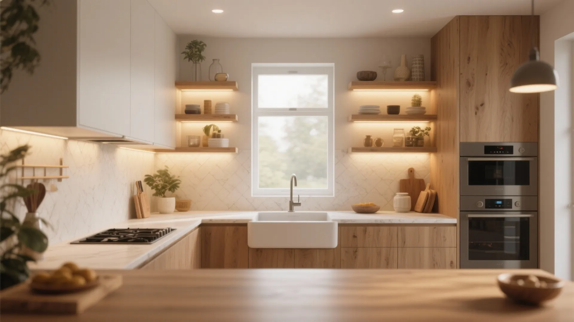 Bright wooden kitchen with open shelves under cabinet lighting white sink and a large window