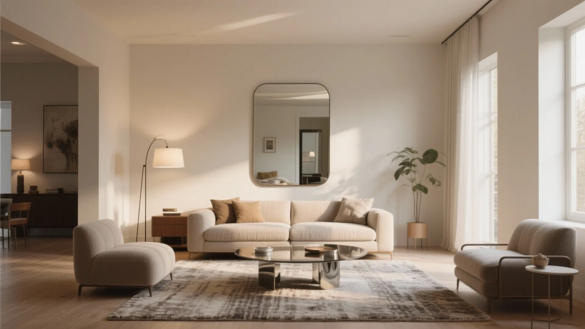 Minimalist living room with beige sofa floor lamp wall mirror textured rug and large glass windows