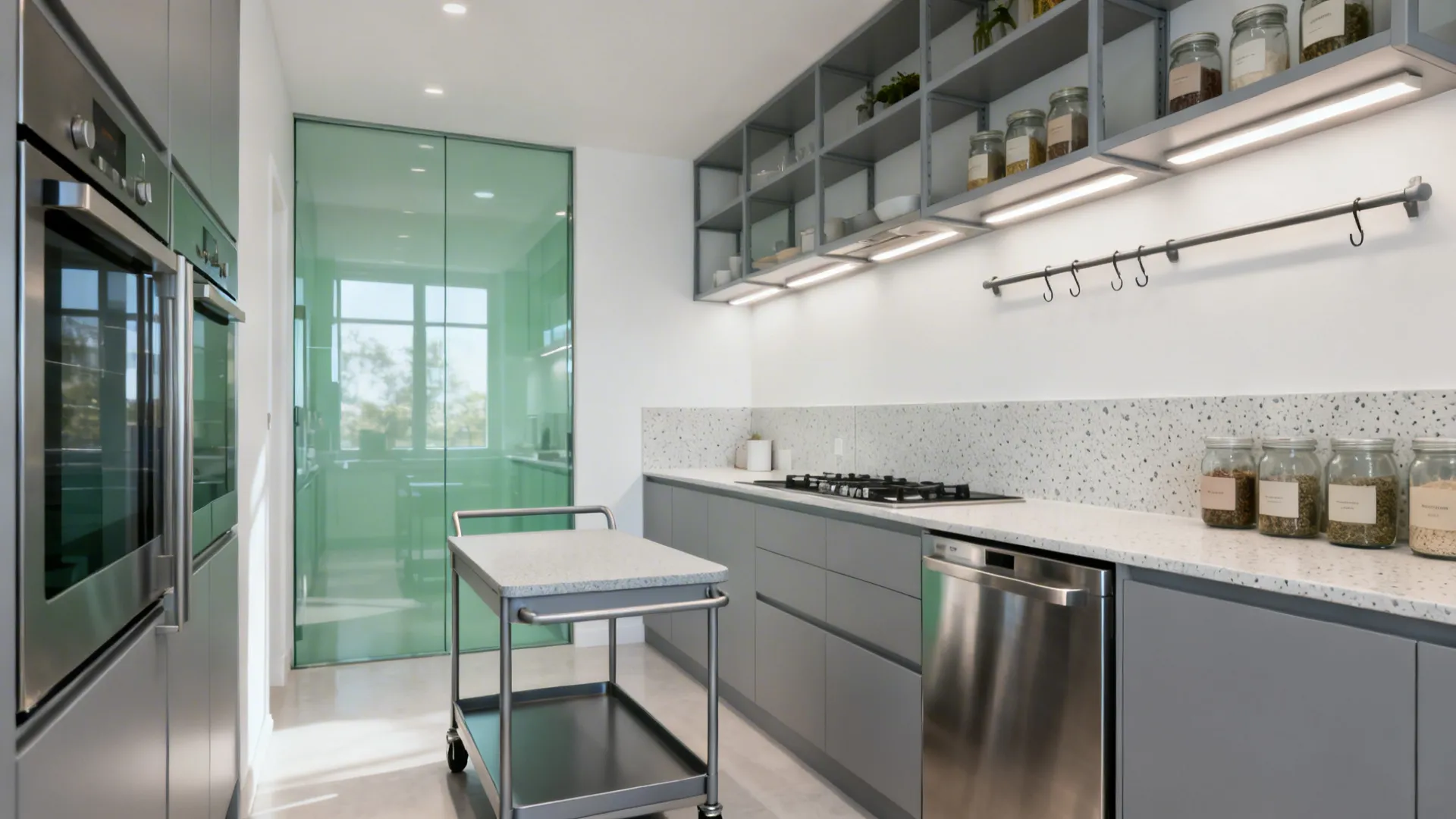 Modern grey kitchen with white countertop open metal shelves glass door and small rolling cart