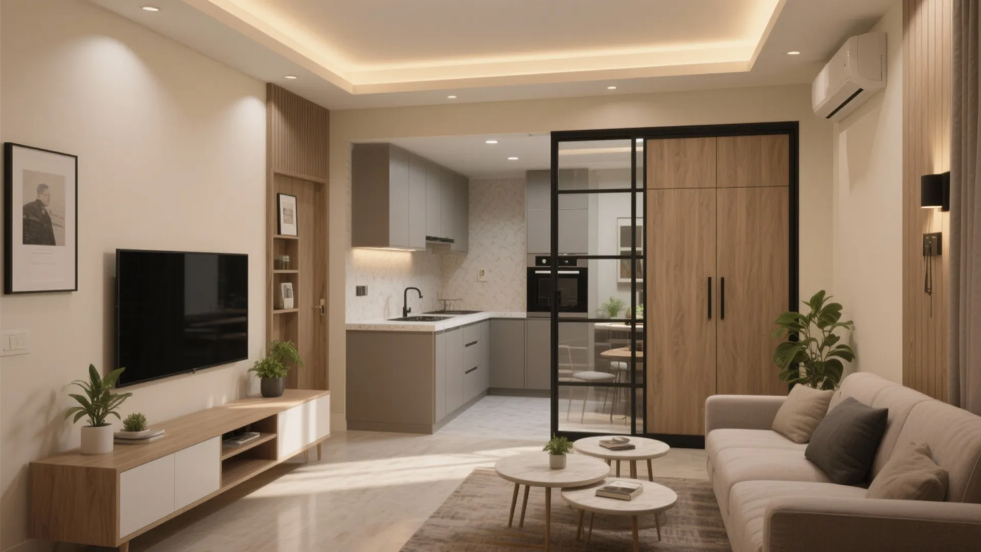 Open-plan living room and kitchen design with grey cabinets wooden wardrobe glass door and sofa