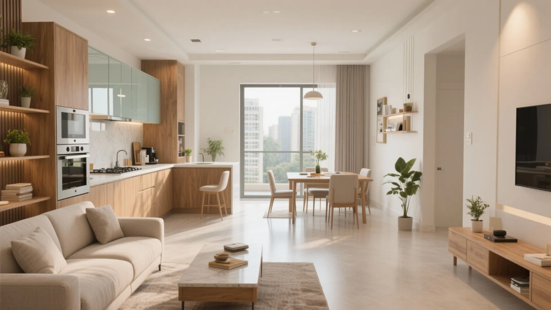 Modern open living room with sofa wood kitchen cabinets dining table and large city window
