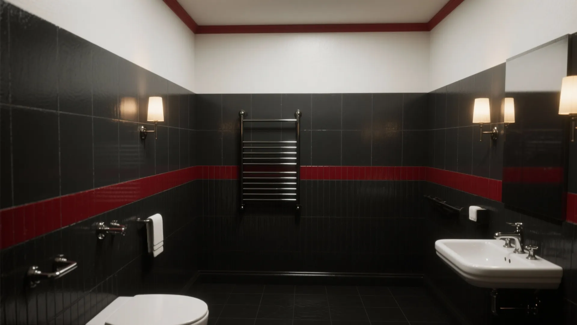 Modern black and white bathroom with red wall stripe white sink toilet and wall light